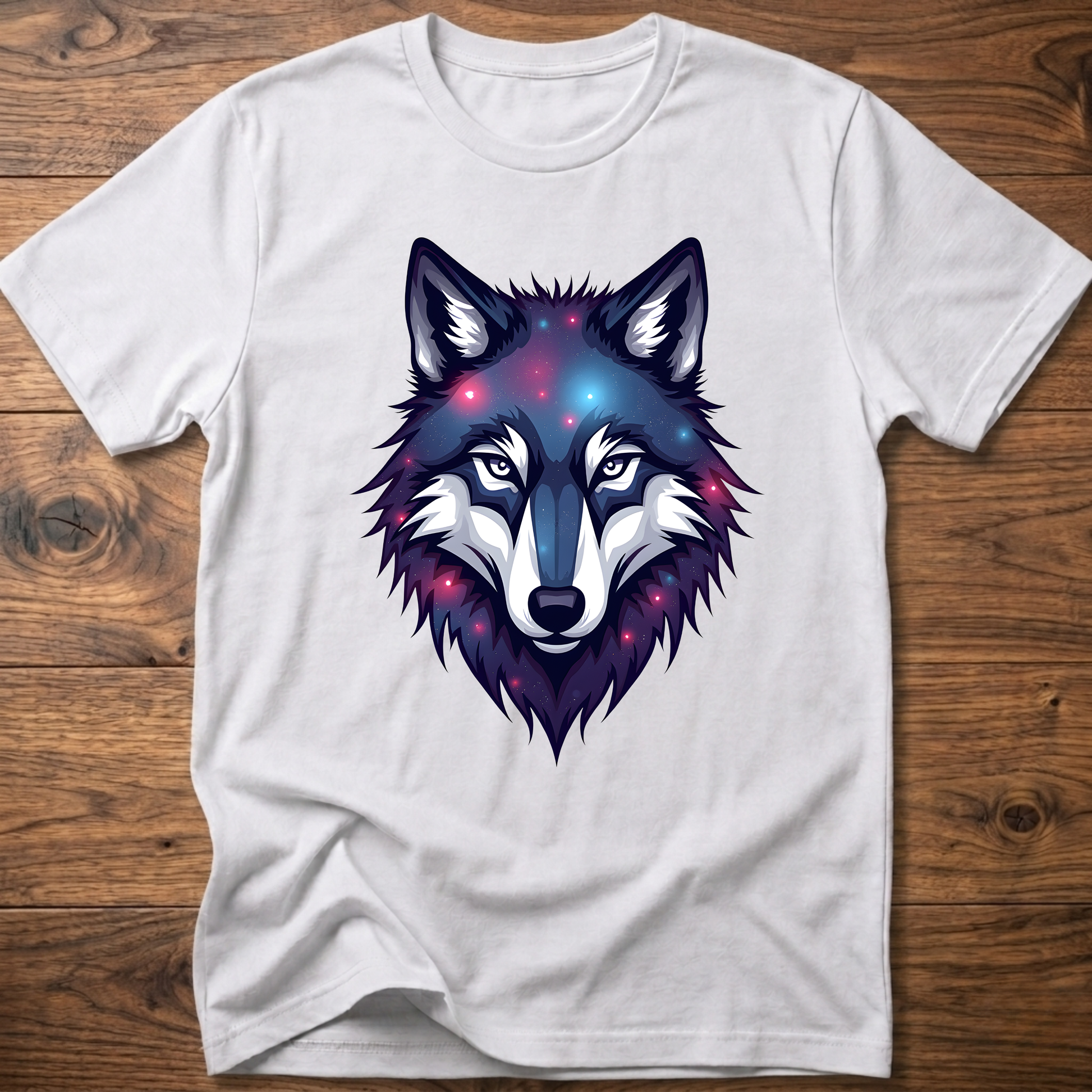 White t-shirt with galaxy wolf head graphic, crew neck, short sleeves.
