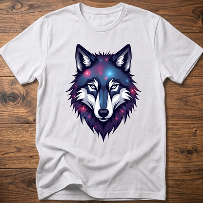 White t-shirt with galaxy wolf head graphic, crew neck, short sleeves.