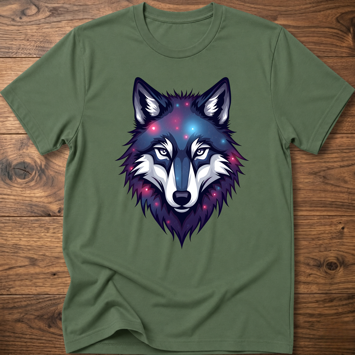 Green t-shirt with galaxy wolf head graphic, crew neck, short sleeves.