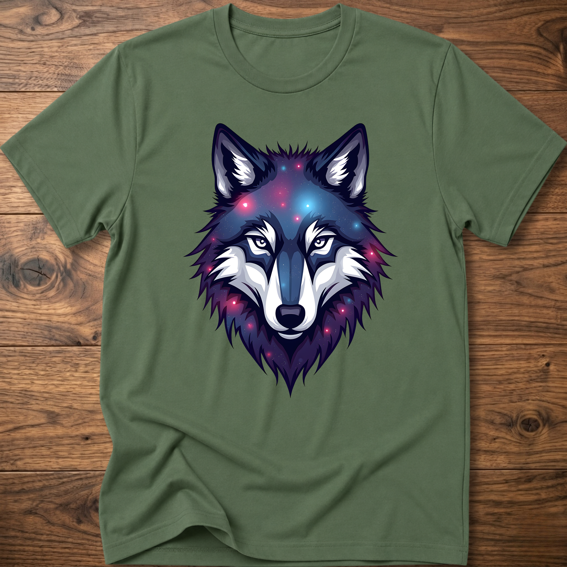 Green t-shirt with galaxy wolf head graphic, crew neck, short sleeves.