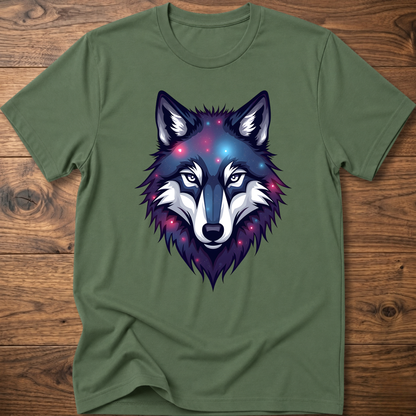 Green t-shirt with galaxy wolf head graphic, crew neck, short sleeves.