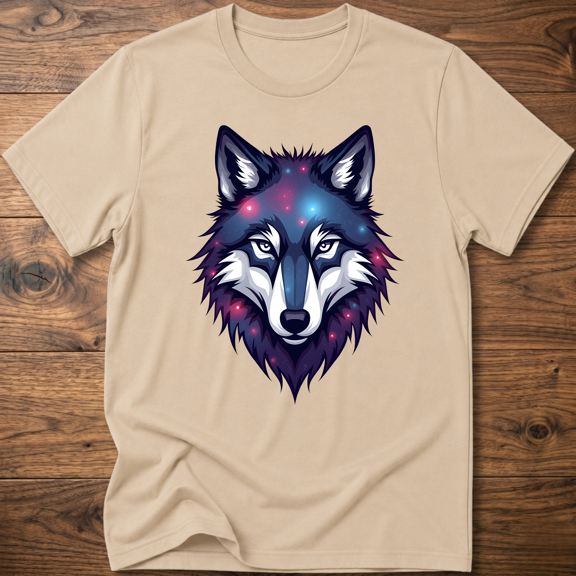 Beige t-shirt with galaxy wolf head graphic, crew neck, short sleeves.