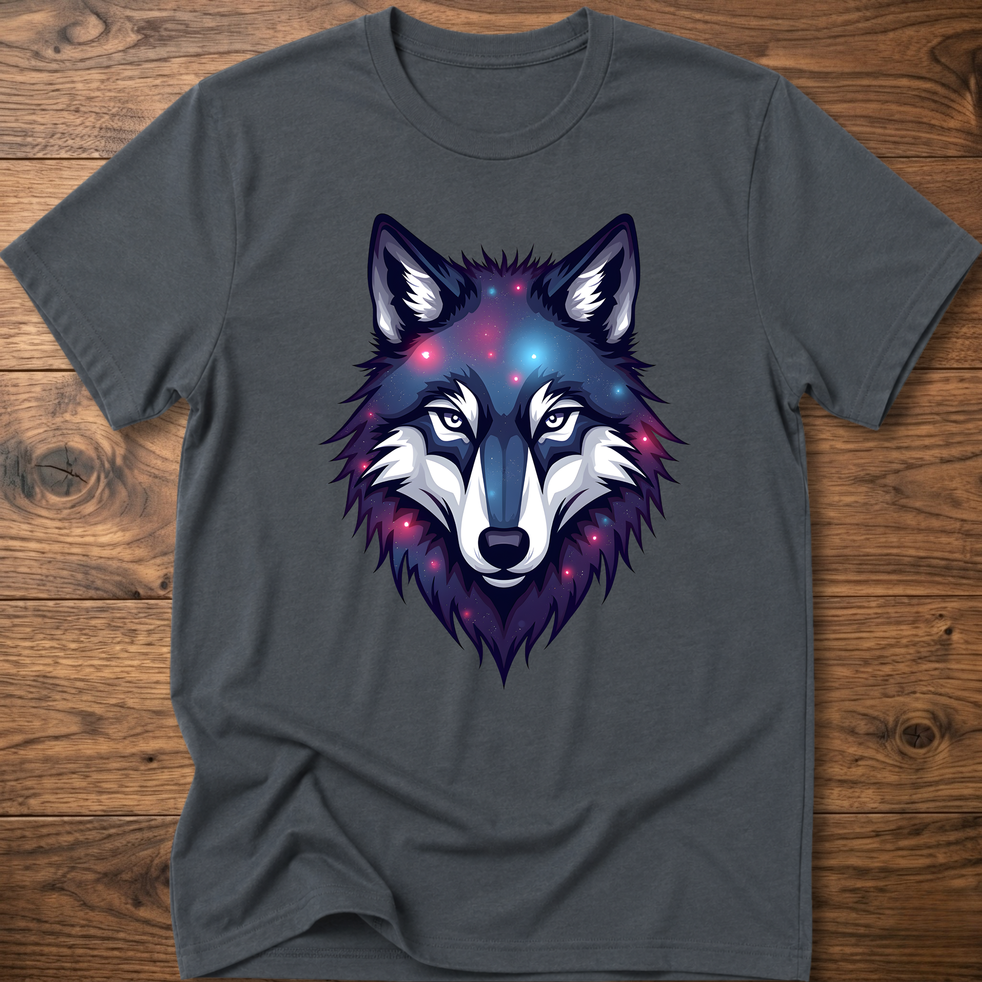 Charcoal t-shirt with galaxy wolf head graphic, crew neck, short sleeves.