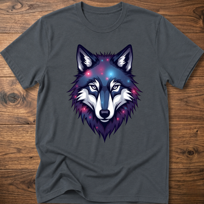 Charcoal t-shirt with galaxy wolf head graphic, crew neck, short sleeves.