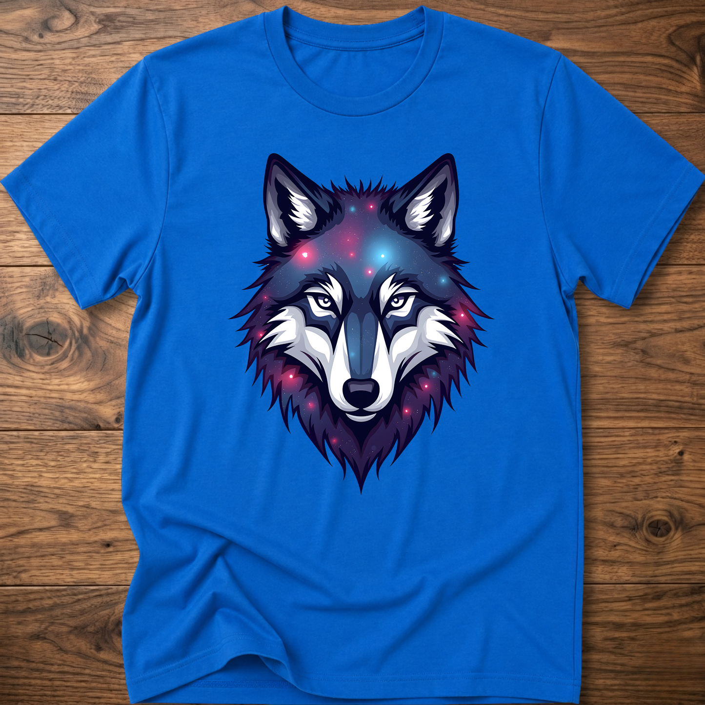 Royal blue t-shirt with galaxy wolf head graphic, crew neck, short sleeves.