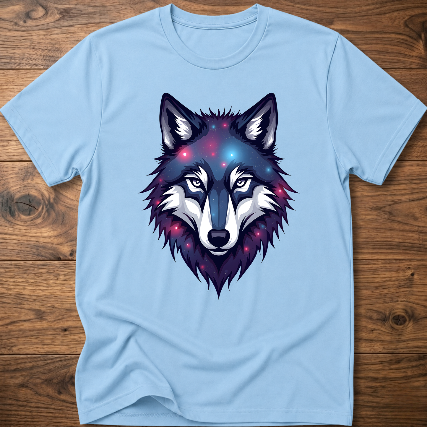 Light blue t-shirt with galaxy wolf head graphic, crew neck, short sleeves.