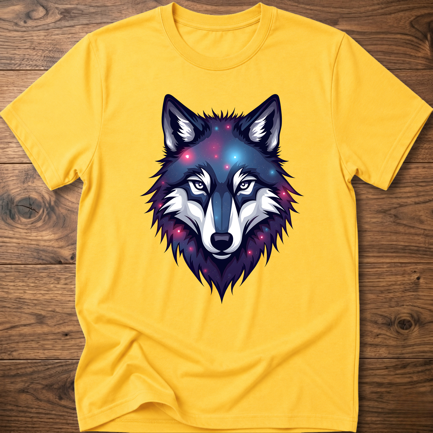 Yellow t-shirt with galaxy wolf head graphic, crew neck, short sleeves.