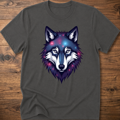 Dark gray t-shirt with galaxy wolf head graphic, crew neck, short sleeves.