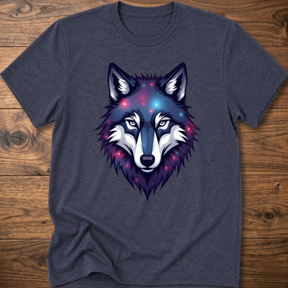 Slate blue t-shirt with galaxy wolf head graphic, crew neck, short sleeves.