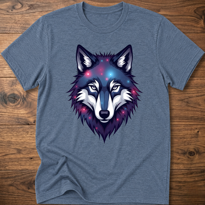 Blue heather t-shirt with galaxy wolf head graphic, crew neck, short sleeves.