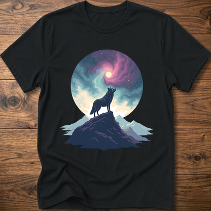 Black graphic t-shirt featuring a wolf silhouette standing on a mountain under a moon