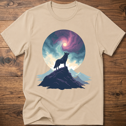 Sand graphic t-shirt with wolf silhouette on mountain under a colorful moon circle