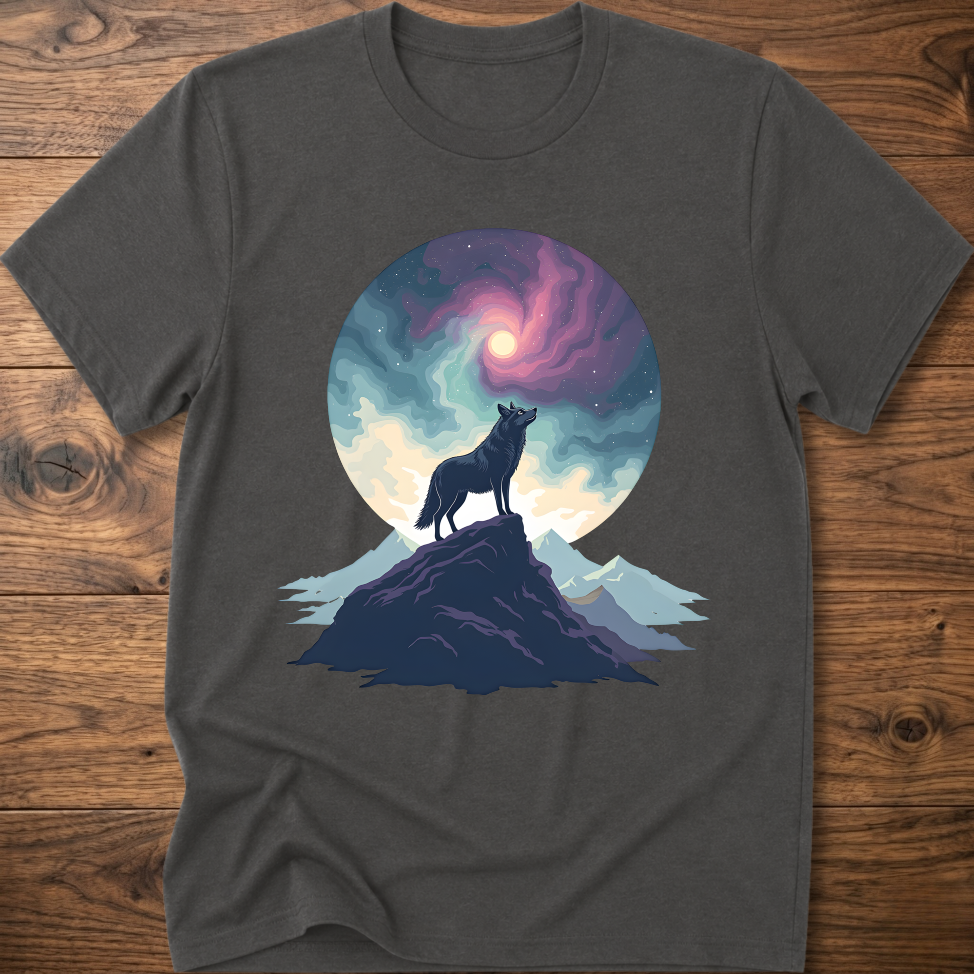 Charcoal gray graphic t-shirt with wolf silhouette standing on mountain beneath moon circle
