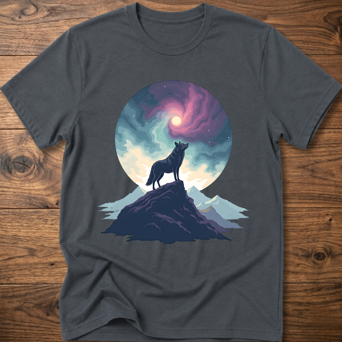 Dark gray graphic t-shirt with wolf silhouette on mountain beneath colorful moon