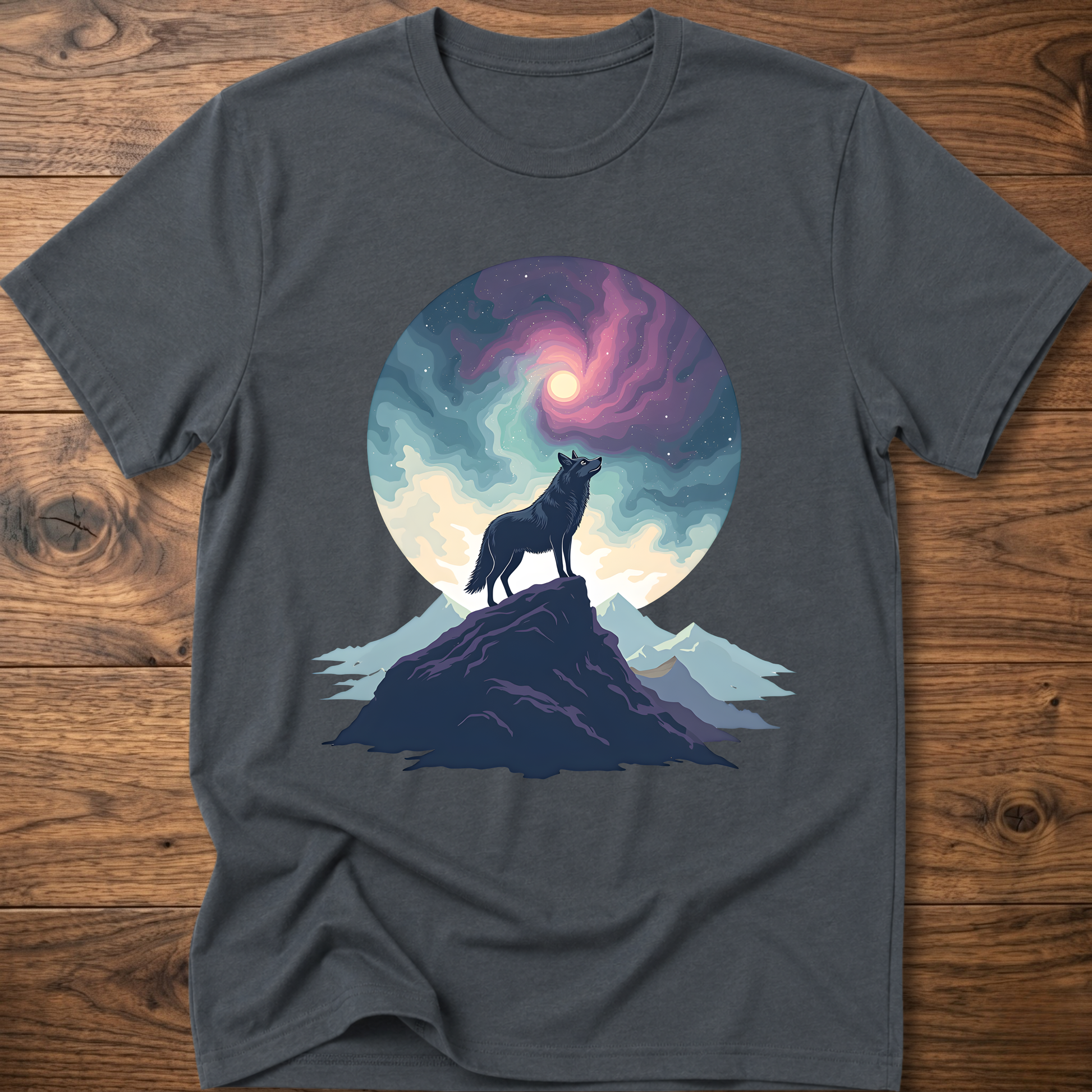 Dark gray graphic t-shirt with wolf silhouette on mountain beneath colorful moon