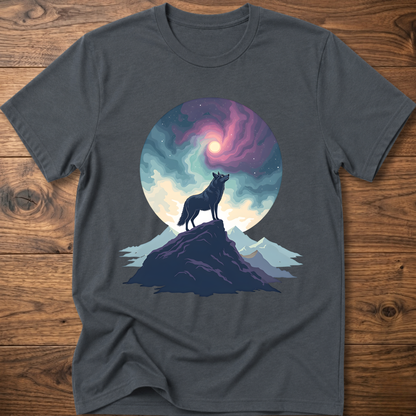 Dark gray graphic t-shirt with wolf silhouette on mountain beneath colorful moon
