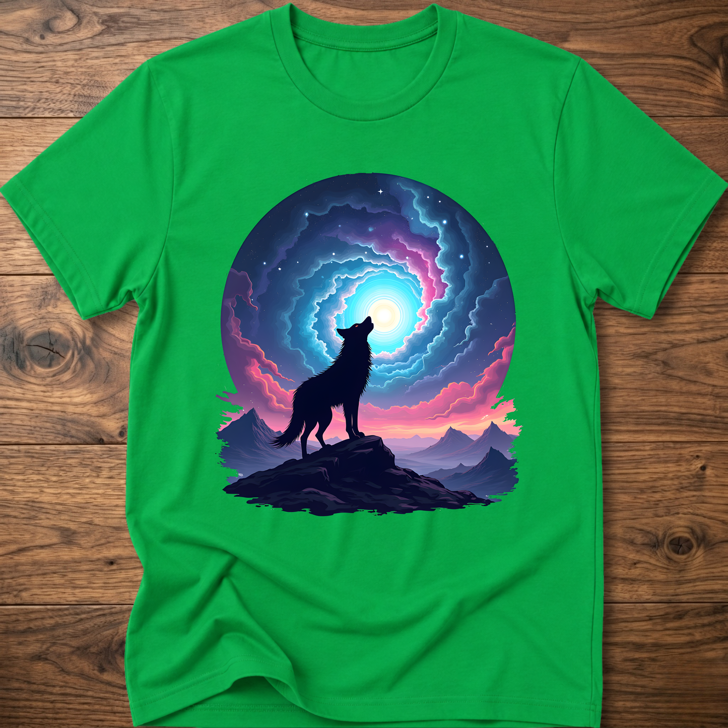 Green graphic t-shirt with dark wolf silhouette on cliff and colorful portal design