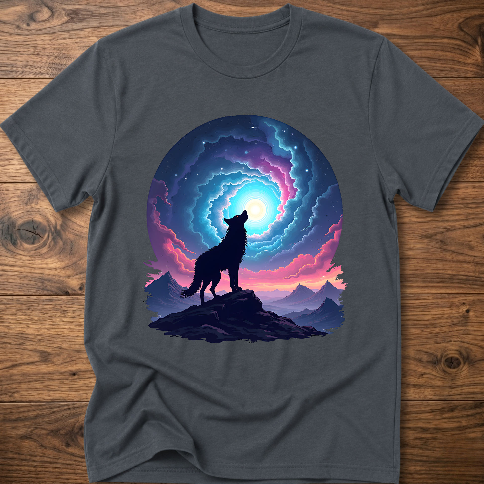 Charcoal gray graphic t-shirt with dark wolf silhouette by luminous glowing portal