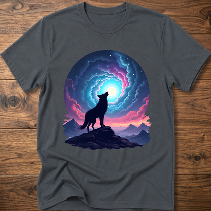 Charcoal gray graphic t-shirt with dark wolf silhouette by luminous glowing portal