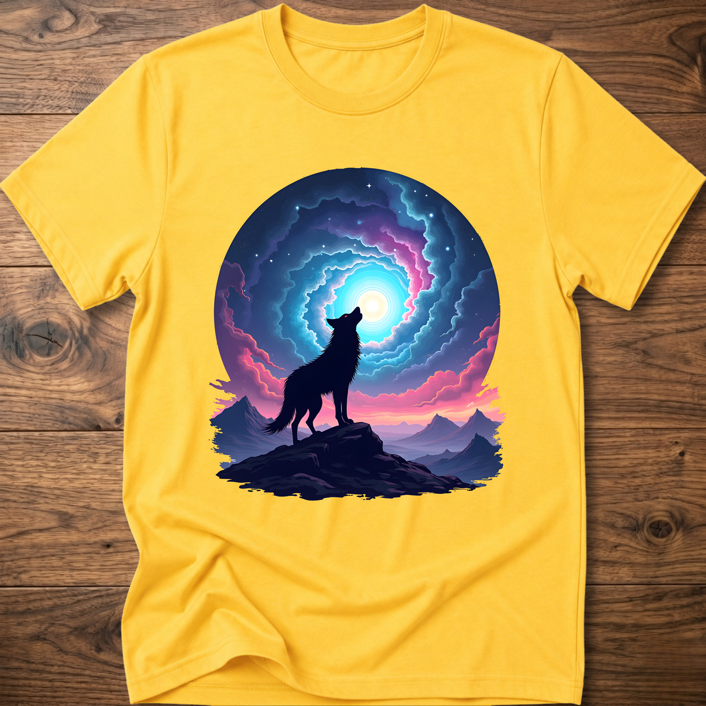 Yellow graphic t-shirt with dark wolf silhouette on rock facing glowing portal
