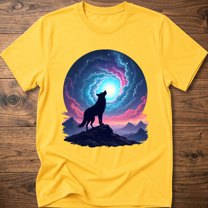 Yellow graphic t-shirt with dark wolf silhouette on rock facing glowing portal
