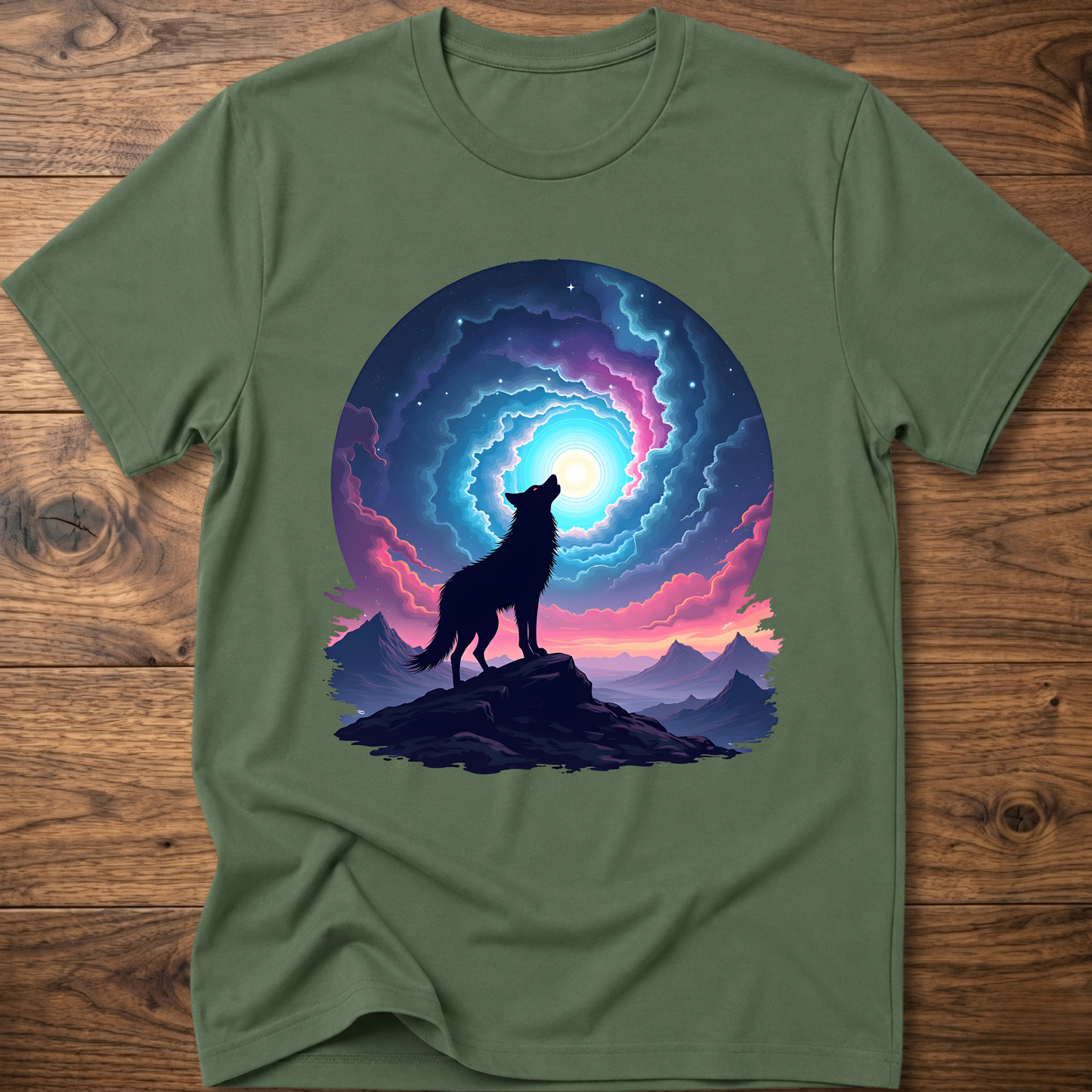 Dark green graphic t-shirt with dark wolf silhouette beneath a glowing spiral portal