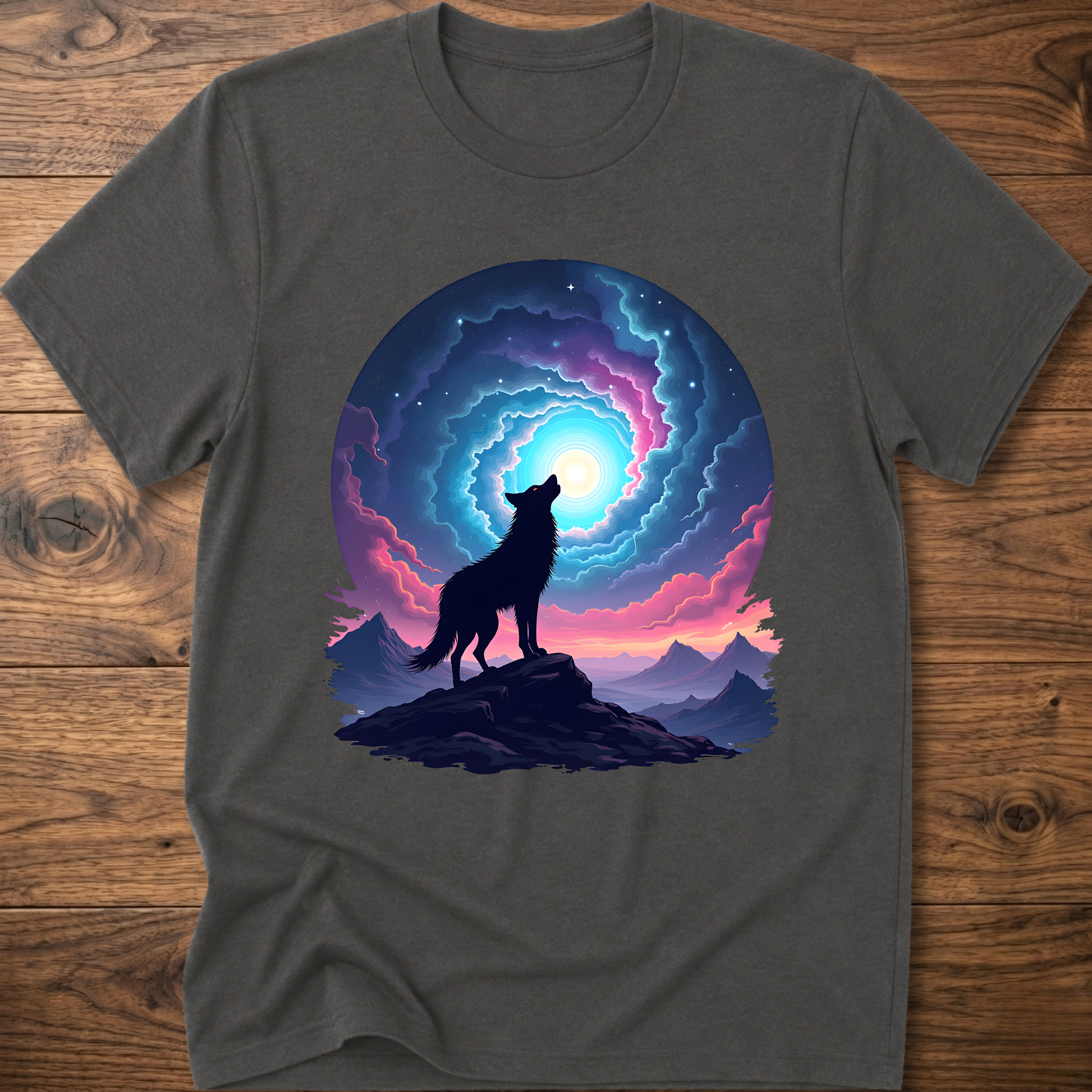 Dark charcoal graphic t-shirt with dark wolf silhouette on cliff under glowing portal