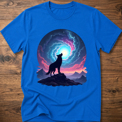 Royal blue graphic t-shirt with dark wolf silhouette standing before neon portal