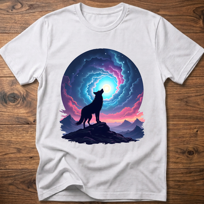 White graphic t-shirt with dark wolf silhouette by glowing spiral portal