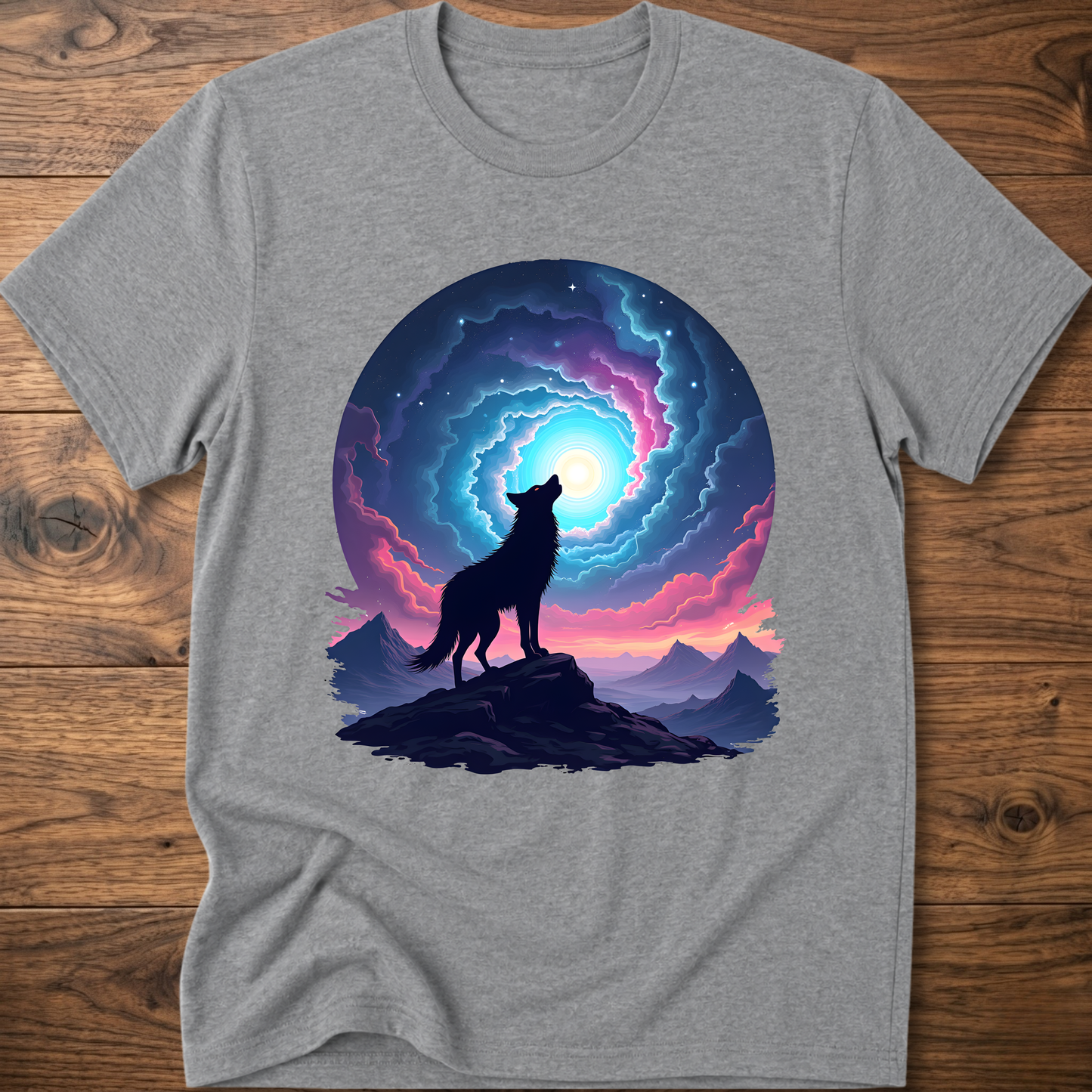 Heather gray graphic t-shirt with dark wolf silhouette and neon portal scene