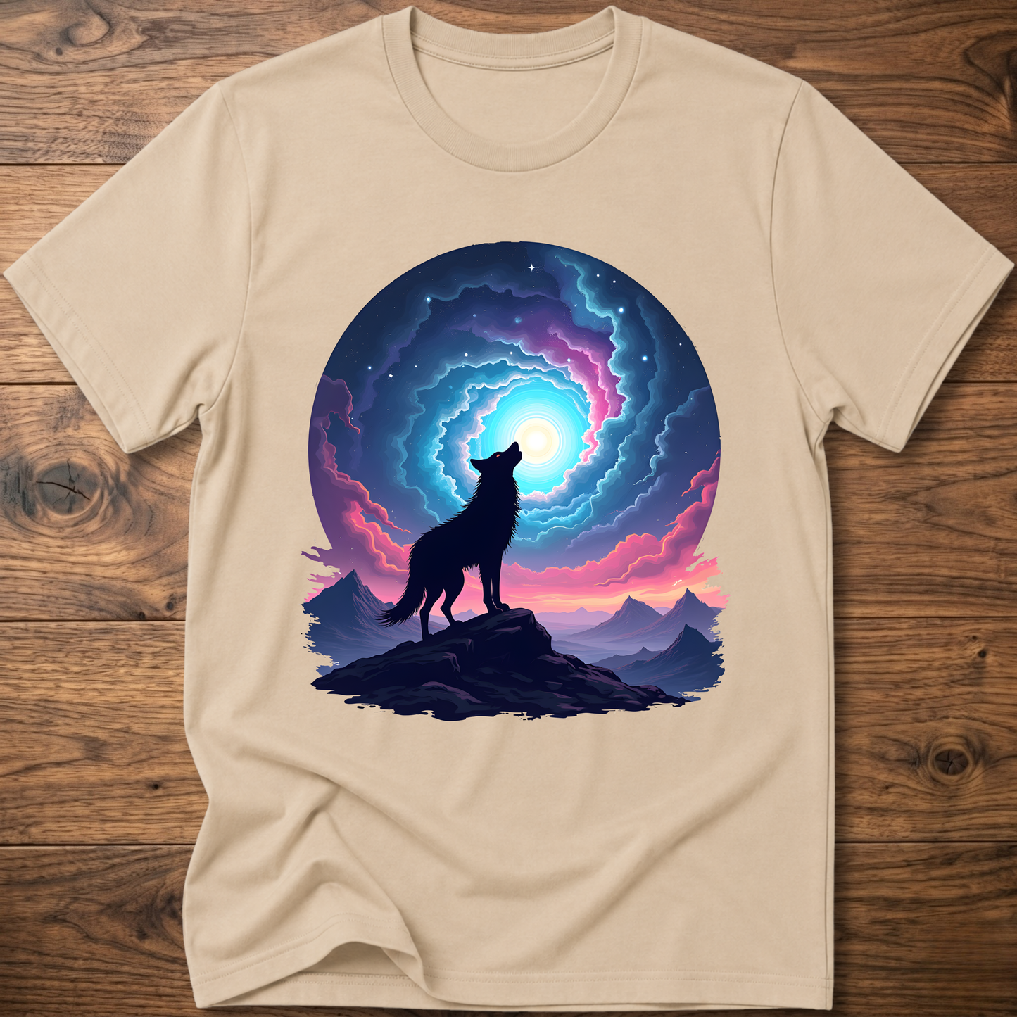 Sand graphic t-shirt with dark wolf silhouette standing on cliff under portal light