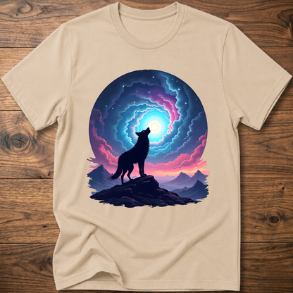 Sand graphic t-shirt with dark wolf silhouette standing on cliff under portal light