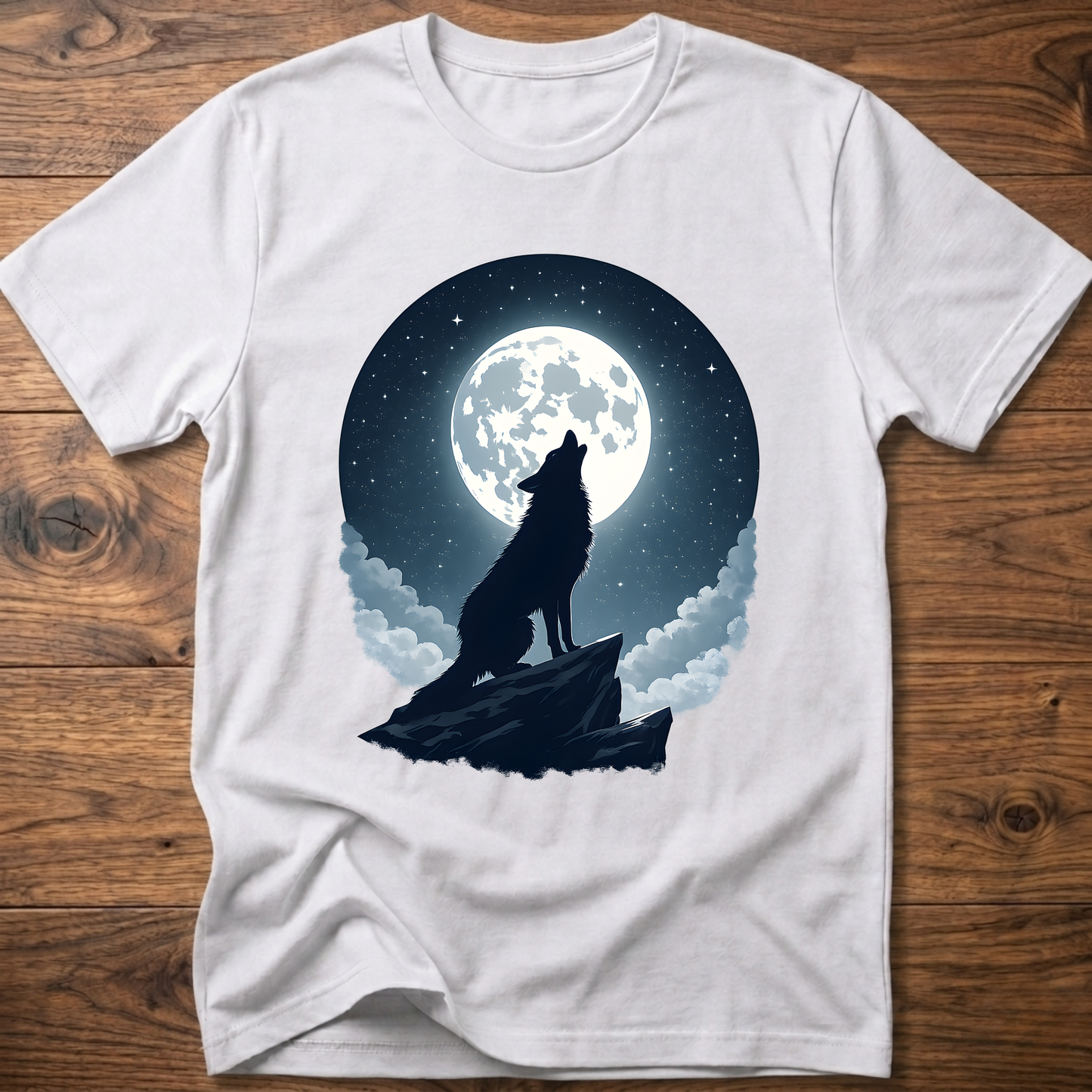 White graphic t-shirt with black wolf silhouette under full moon and clouds