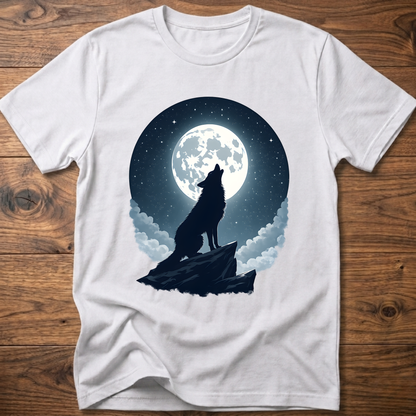White graphic t-shirt with black wolf silhouette under full moon and clouds