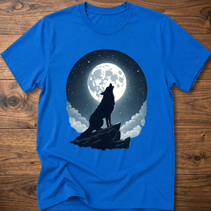 Royal blue graphic t-shirt with black wolf silhouette under full moon and clouds