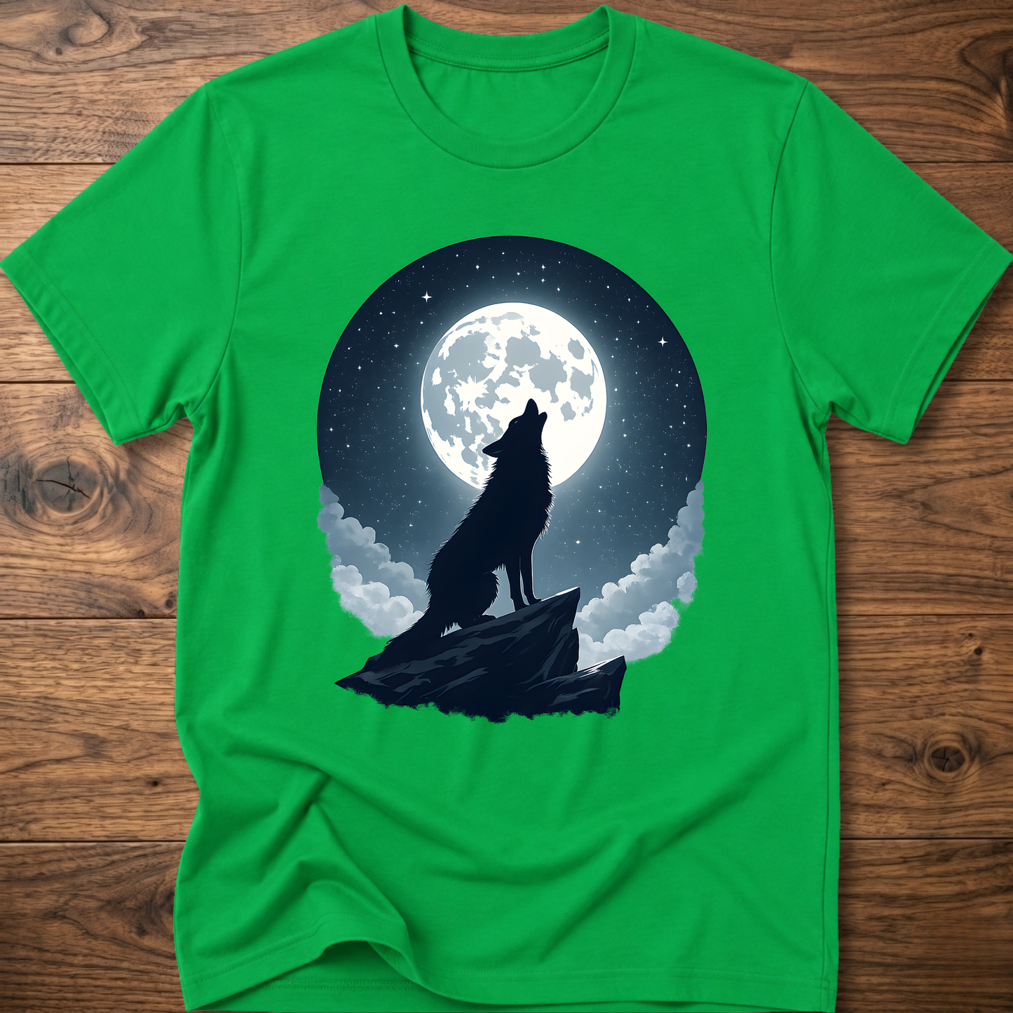 Irish green graphic t-shirt with black wolf silhouette under full moon and clouds
