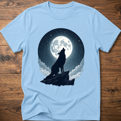 Light blue graphic t-shirt with black wolf silhouette under full moon and clouds