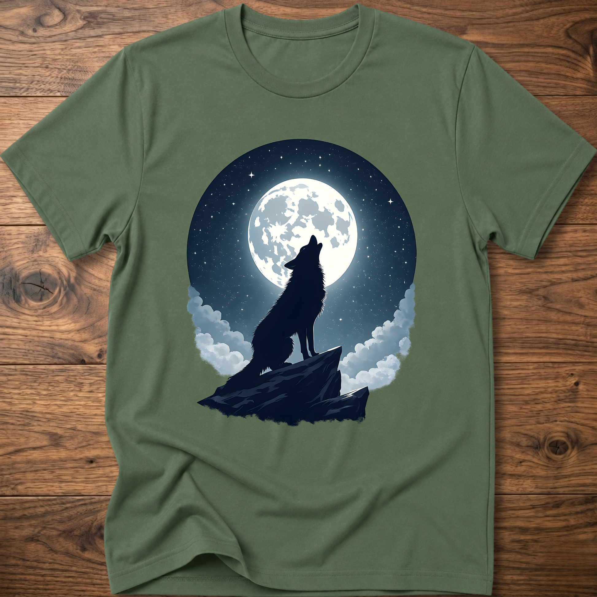 Military green graphic t-shirt with black wolf silhouette under full moon and clouds