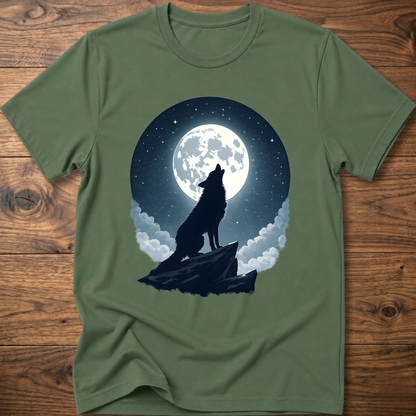 Military green graphic t-shirt with black wolf silhouette under full moon and clouds