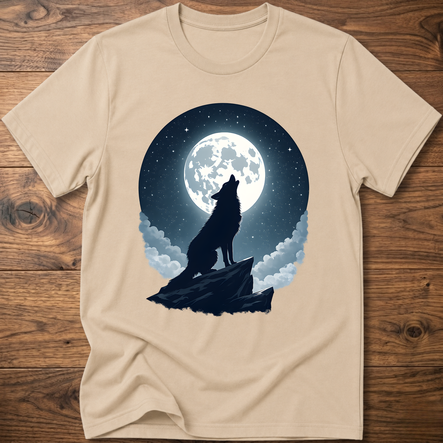 Sand graphic t-shirt with black wolf silhouette under full moon and clouds