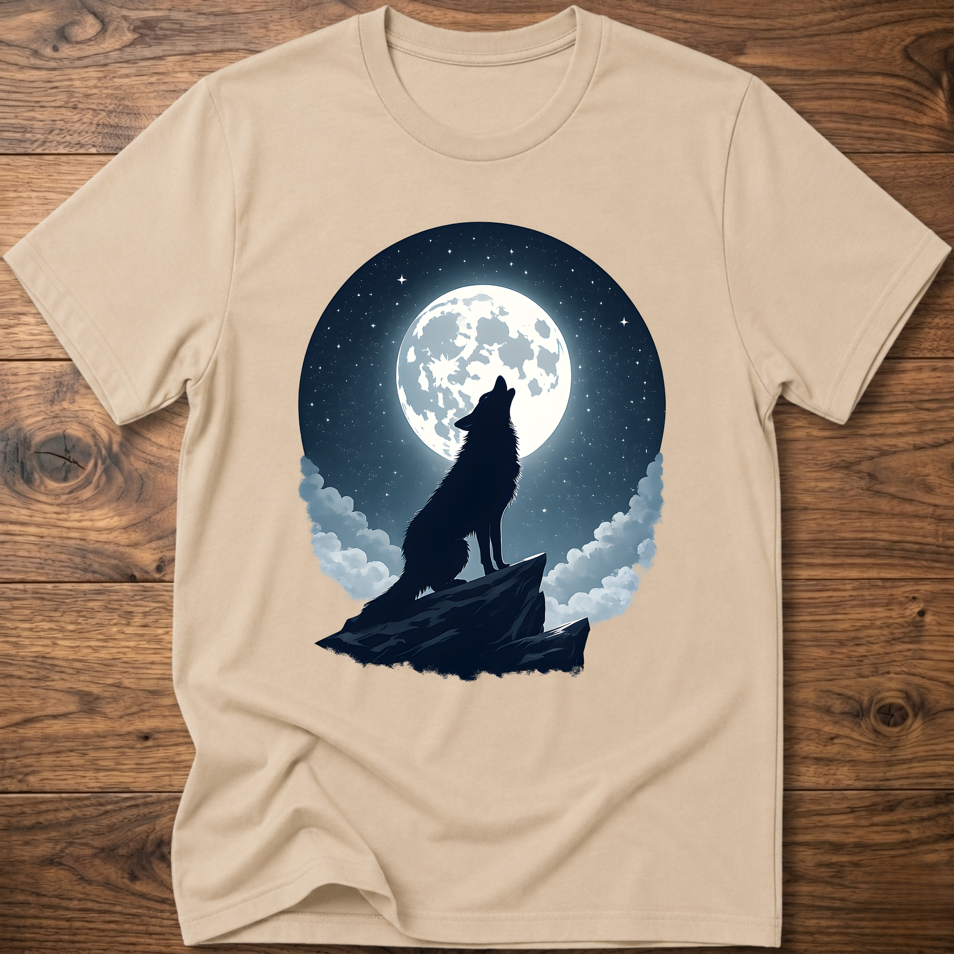 Sand graphic t-shirt with black wolf silhouette under full moon and clouds