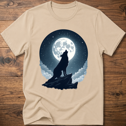 Sand graphic t-shirt with black wolf silhouette under full moon and clouds