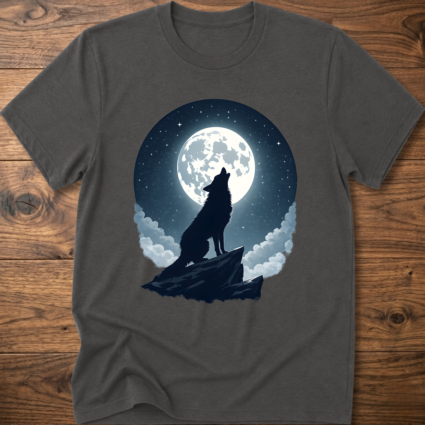 Charcoal graphic t-shirt with black wolf silhouette under full moon and clouds