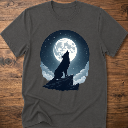 Charcoal graphic t-shirt with black wolf silhouette under full moon and clouds