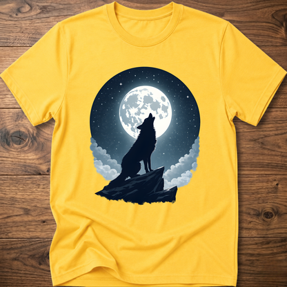 Yellow graphic t-shirt with black wolf silhouette under full moon and clouds