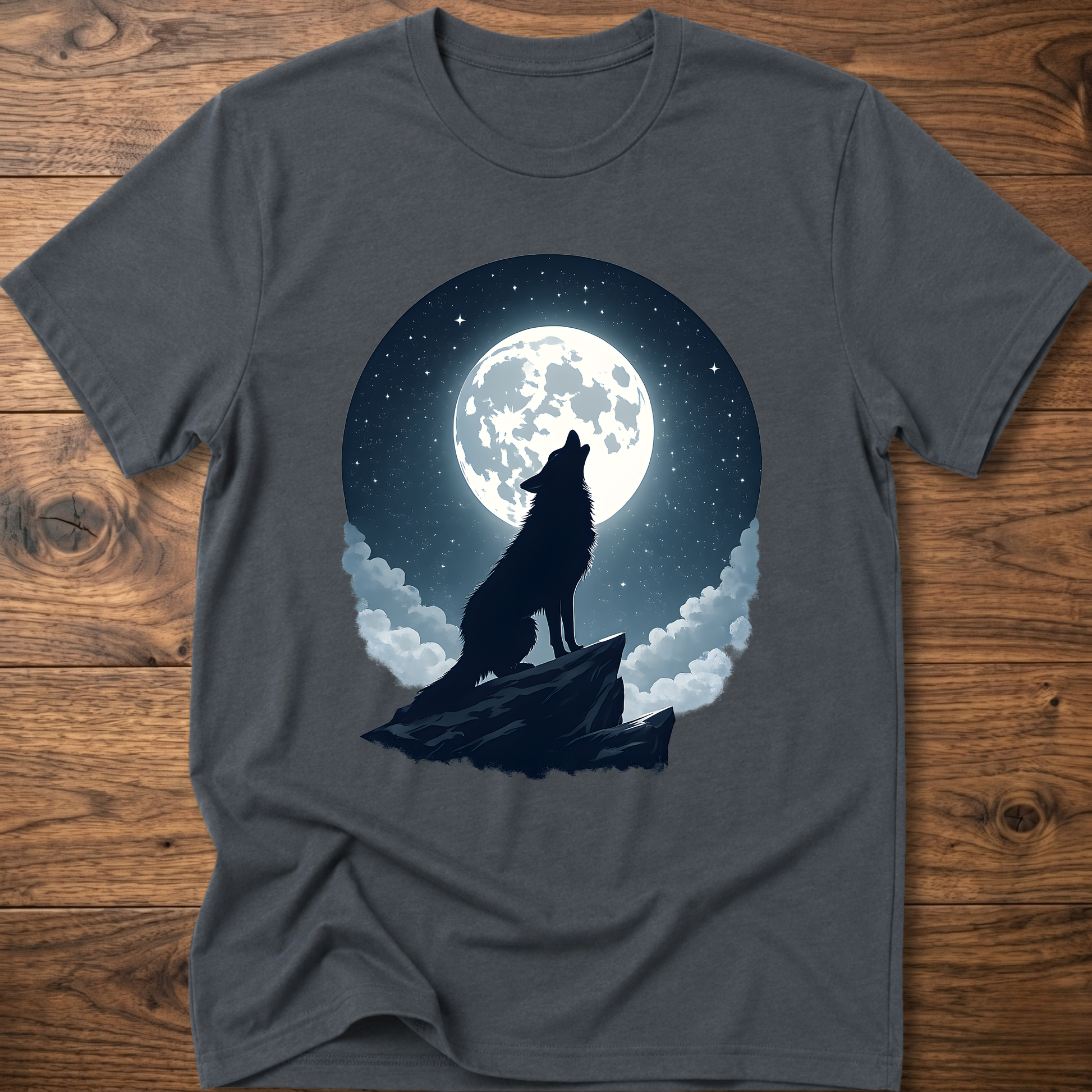 Dark heather graphic t-shirt with black wolf silhouette under full moon