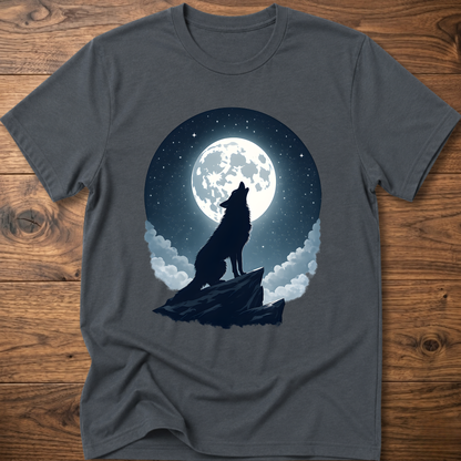 Dark heather graphic t-shirt with black wolf silhouette under full moon