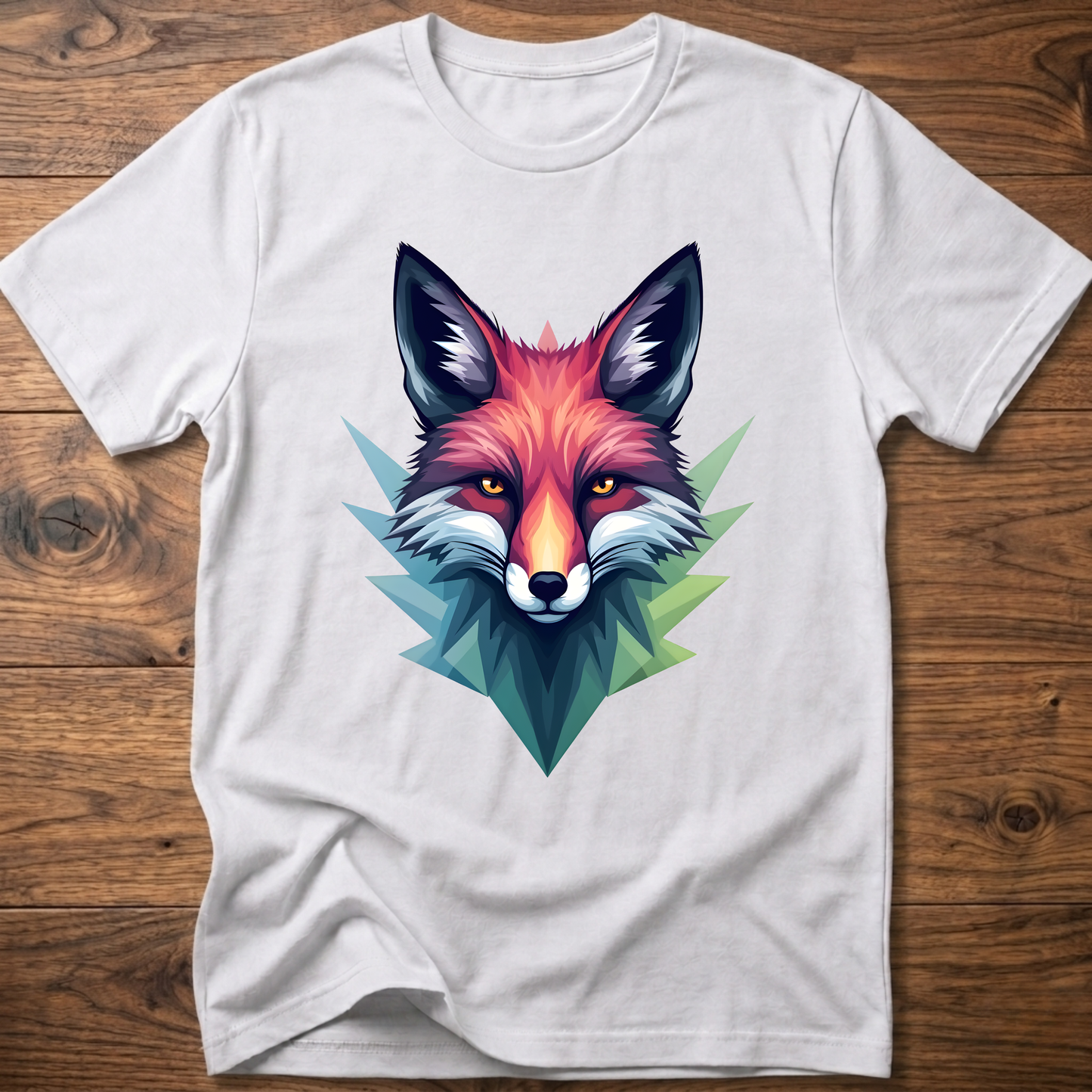 White crewneck T-shirt with colorful fox head graphic in a geometric triangle