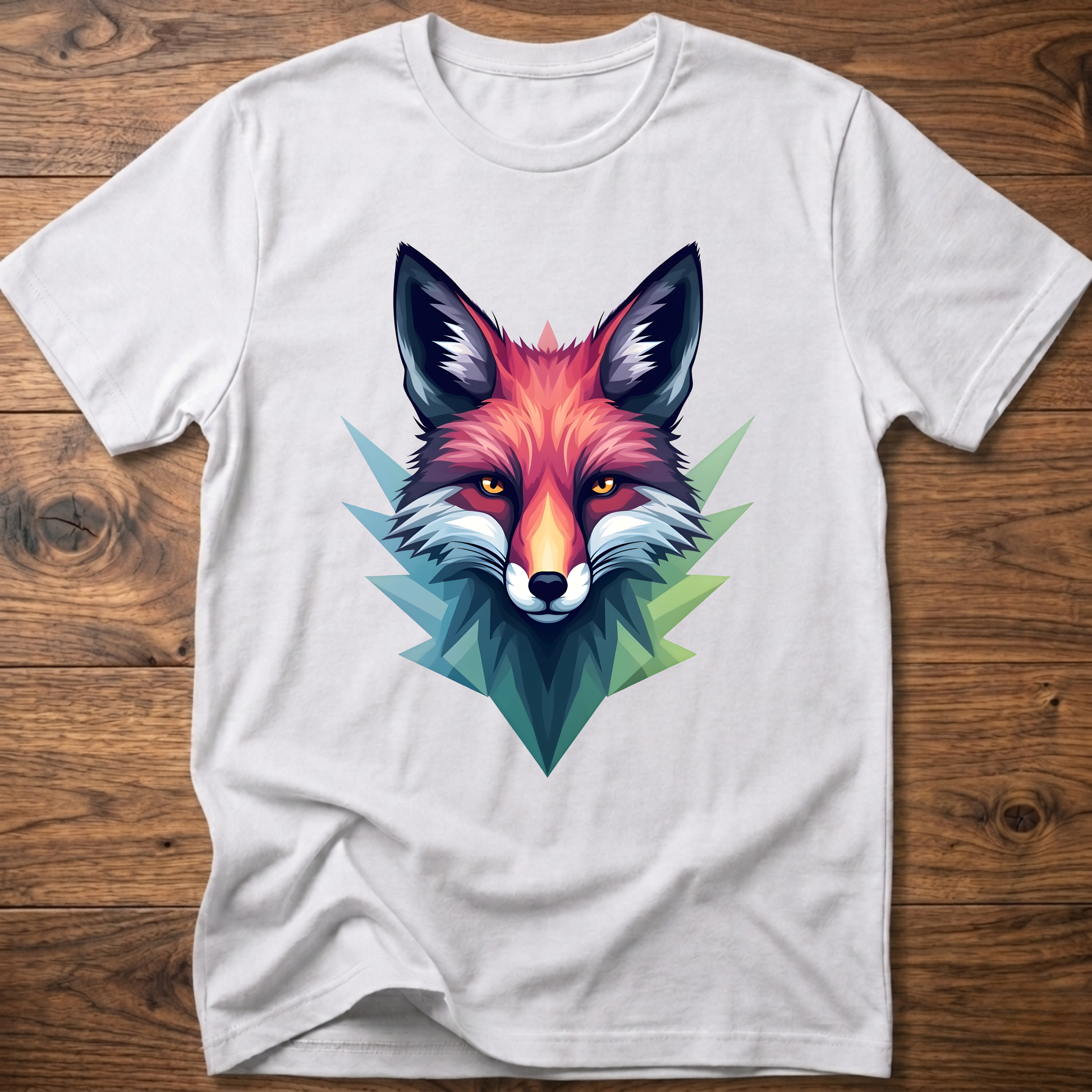White crewneck T-shirt with colorful fox head graphic in a geometric triangle