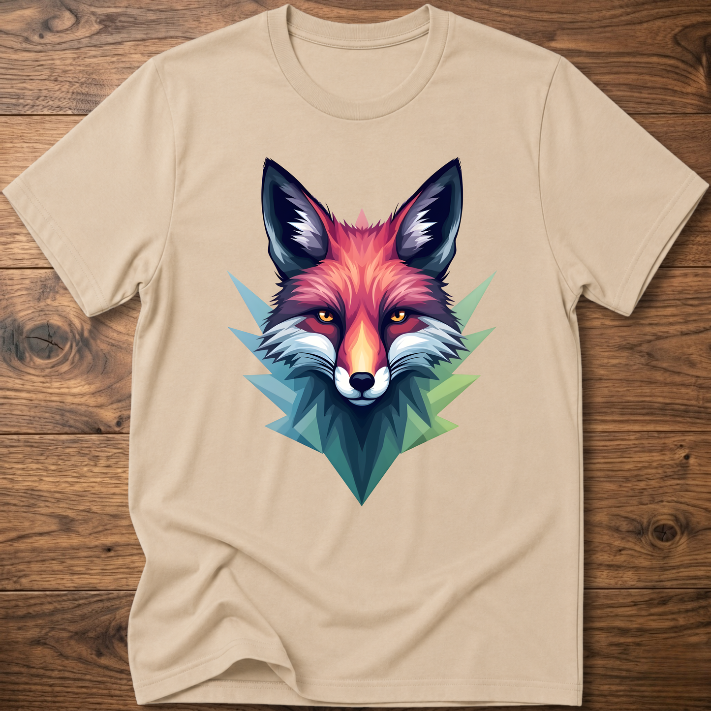 Light beige crewneck T-shirt with colorful fox head graphic in a geometric triangle